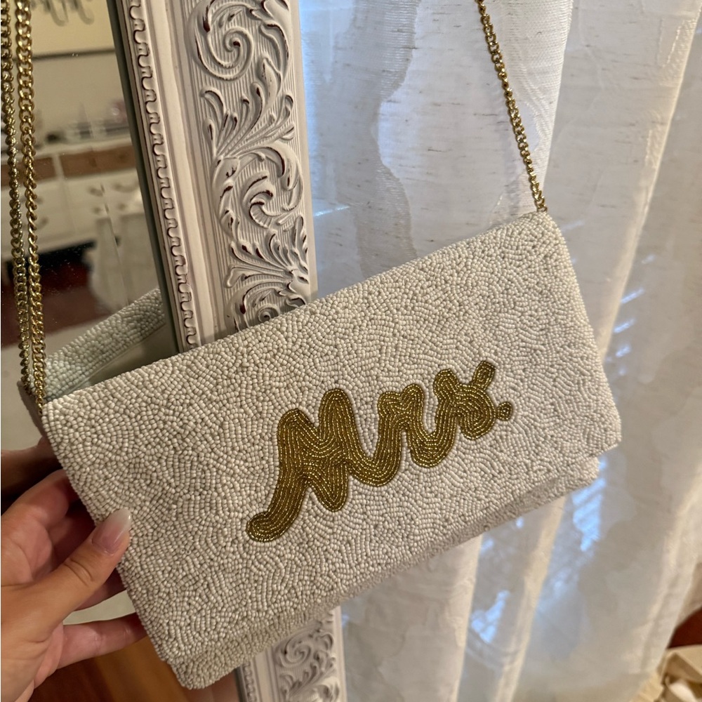 Elegant White and Gold Beaded Mrs. Bridal Clutch Purse